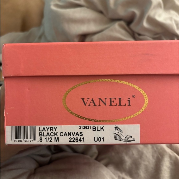 Vaneli Layry Black Canvas Tan Wedge Sandals Size 8.5 NIB - MSRP $175 - Picture 4 of 4